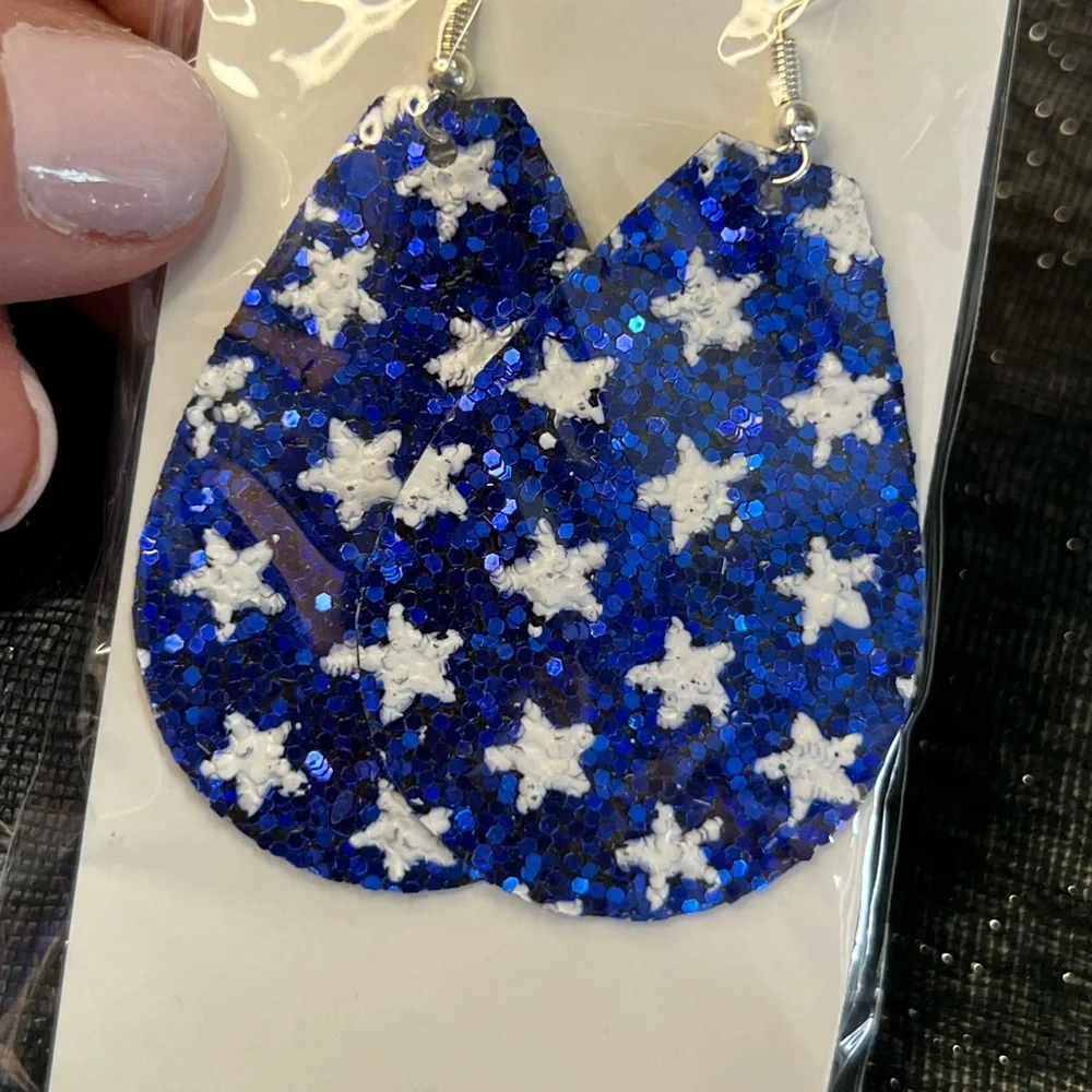 Vegan leather sparkle blue & white stars. Small water drop. - Picture 1 of 2